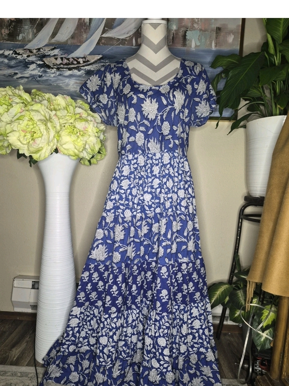 Soft Surroundings Women's Blue & White Botanical Design Maxi Dress